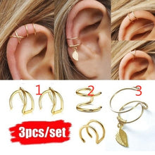 Load image into Gallery viewer, 3Pcs/Set Simple Ear Cuffs for Women Gold Leaf Ear Cuff Clip Earrings Climbers Earcuff No Piercing Fake Cartilage Earring