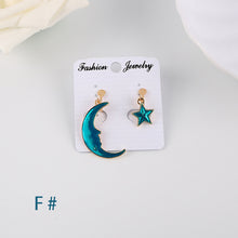 Load image into Gallery viewer, Korea Style Asymmetrical Fresh Enamel blue Star Moon Planet  Circle Clip on Earrings Non Pierced For Girl Women Party Gift